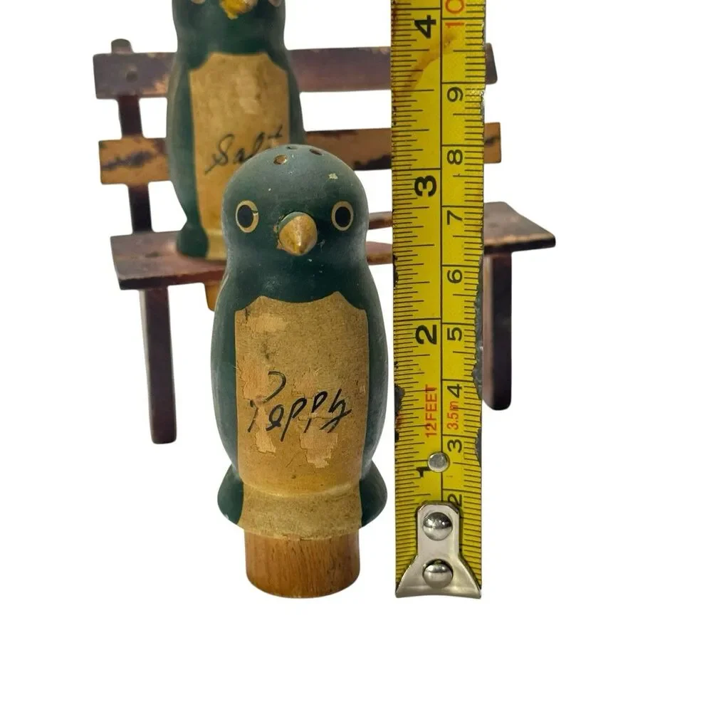 Vintage 50’s Wooden Bird Salt Pepper Shaker Set On Park Bench Japan Penguin